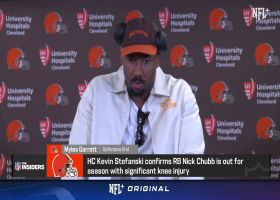 Myles Garrett reacts to Nick Chubb's knee injury vs. Steelers