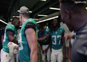 Cornerback Tre Herndon breaks Jaguars' post-game huddle after two interceptions in win over the Jets