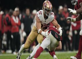 Colt McCoy can't escape Nick Bosa on sack to end first half of play