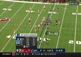 Driskel stiff-arms Karlaftis into ground before being engulfed by other Chiefs