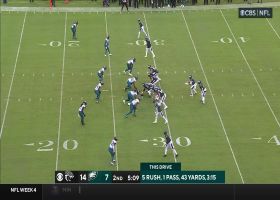 Hurts dekes Josh Allen perfectly, hands to Sermon for 14-yard gain