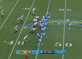 Easton Stick gets sandwiched by swarm of Saints pass rushers for 6-yard sack