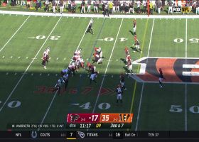 Mariota zips pass between two Bengal defenders for first down to Zaccheaus