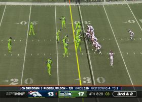 Russell Wilson lofts ball over outstretched arm of Boye Mafe to Jerry Jeudy for crucial 14-yard pickup on third down