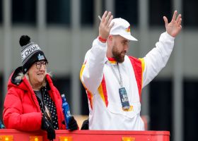 Travis Kelce celebrates with his mother on Chiefs parade bus