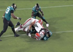 Tyrell Adams punches out football on Jaguars fumble recovery