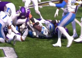 Dalvin Cook fumbles football after running into his own OL