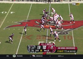 Blanketing Falcons' pass defense results in Baker Mayfield takedown via Lorenzo Carter 4-yard sack