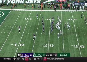 Chuck Clark's Peanut Punch removes football from Breece Hall's grasp for Ravens recovery