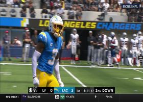 Derwin James leaps over Josh Jacobs' chop block for sack on Carr