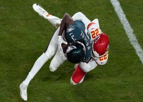 Juan Thornhill nearly picks off Hurts' downfield throw to Brown in double coverage