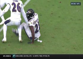 Brandon Stephens falls backward to secure his second INT of 2023