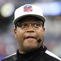 A portrait of referee Ron Torbert (62) prior to an NFL football game between the Los Angeles Chargers and the New England Patriots, Sunday, Oct. 31, 2021 in Inglewood, Calif. The Patriots won 27-24. (Ben Liebenberg via AP)