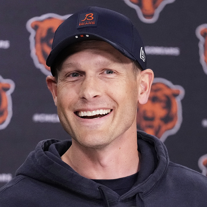 Chicago Bears head coach Ben Johnson smiles as he talks to media at a news conference after NFL football practice in Lake Forest, Ill., Wednesday, May 21, 2025. (AP Photo/Nam Y. Huh)