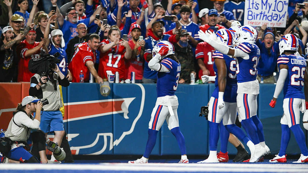 Bills safety Damar Hamlin records the first interception of his career in the victory over the Jaguars on Monday night