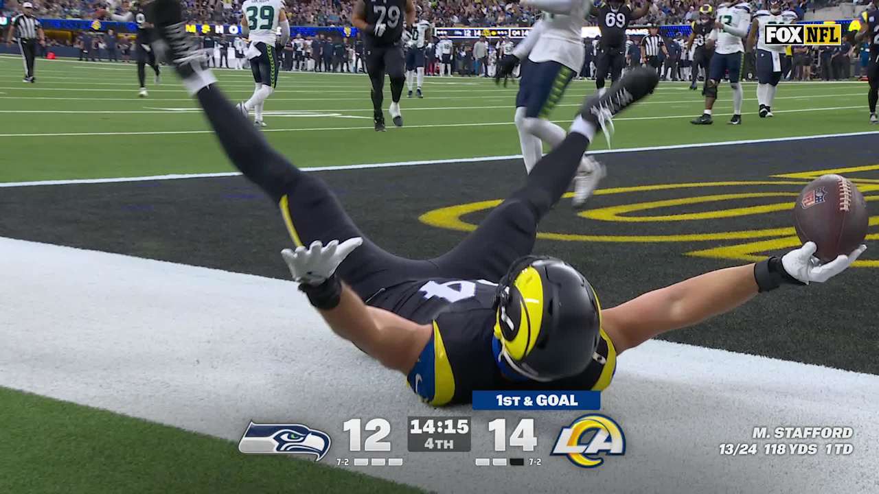 Los Angeles Rams tight end Colby Parkinson backpedals into the end zone ...
