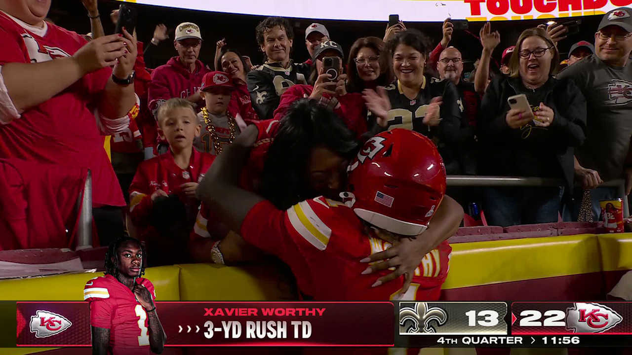 Kansas City Chiefs wide receiver Xavier Worthy hands ball to mom after ...