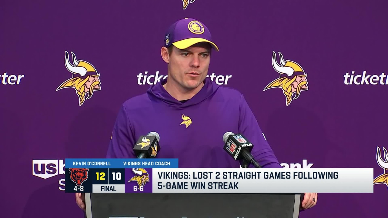 Minnesota Vikings head coach Kevin O'Connell talks to press following