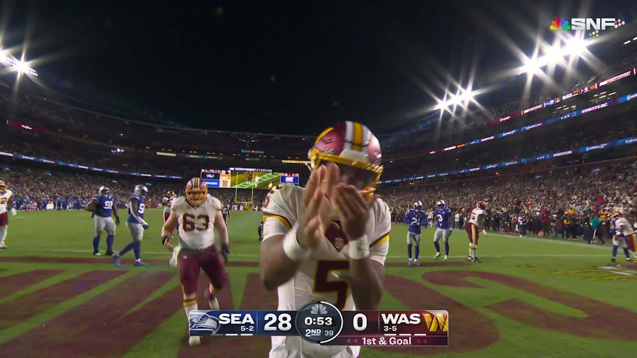 Image for Jayden Daniels' second TD run of 2025 trims Seahawks' lead to 28-6 in second quarter