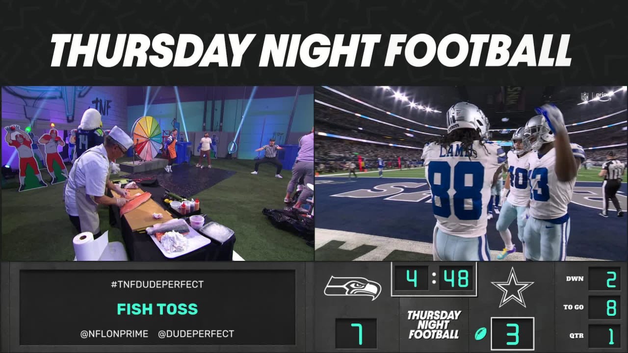 Dude Perfect crew reacts to Dallas Cowboys touchdown while tossing fish