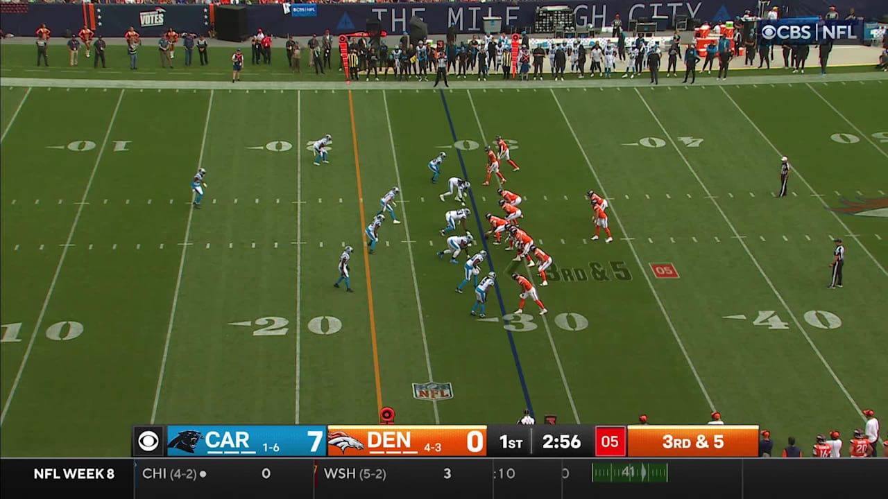 Carolina Panthers defensive lineman A'Shawn Robinson pushes the Denver