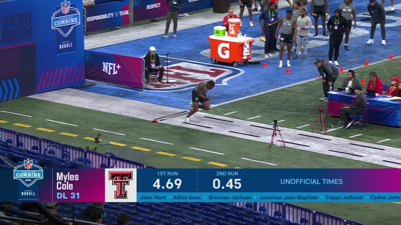 Defensive end Myles Cole runs official 4.67-second 40-yard dash at 2024 ...