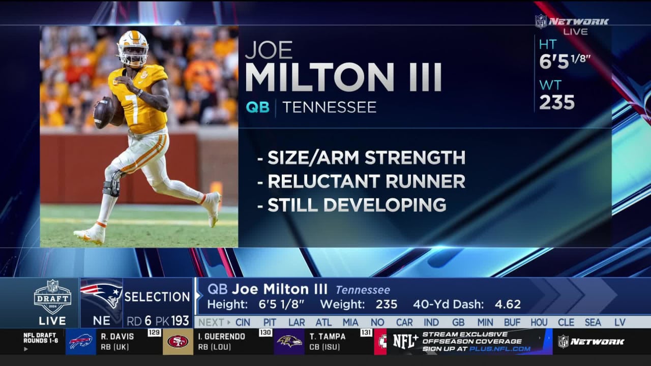 New England Patriots select Joe Milton III with No. 193 pick in 2024 draft