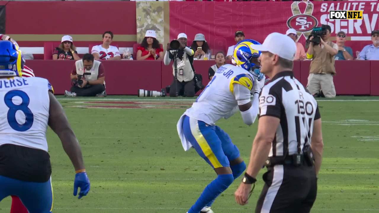 Deflected interception! Los Angeles Rams cornerback Emmanuel Forbes ...