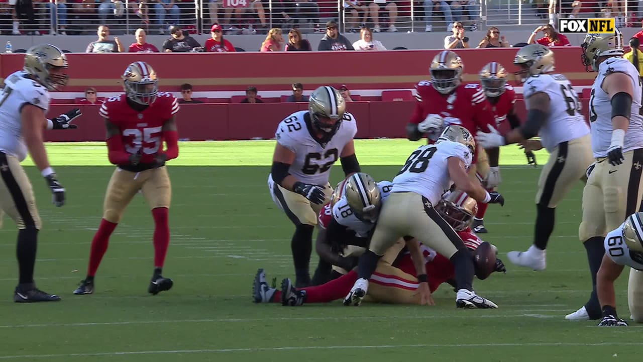San Francisco 49ers defender Alex Barrett strips ball from New Orleans ...