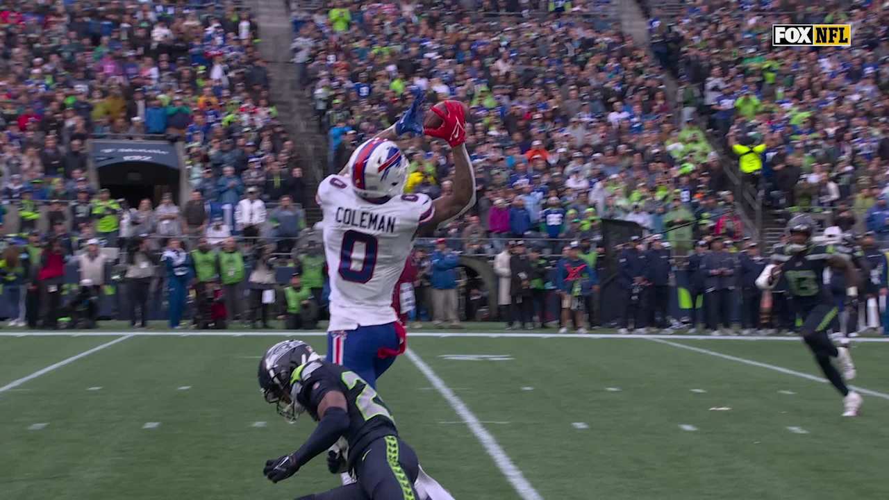 Buffalo Bills wide receiver Keon Coleman climbs the ladder for acrobatic  21-yard catch