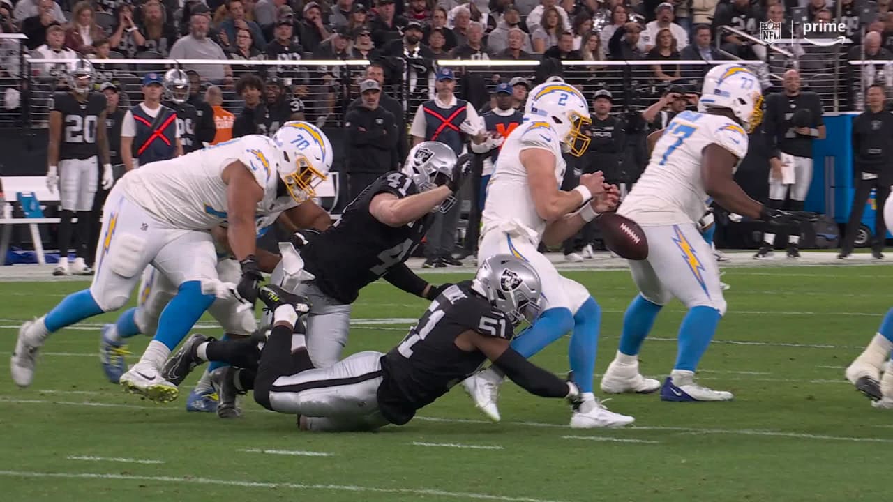 Las Vegas Raiders Defensive End Malcolm Koonces Blindside Strip Sack Of Los Angeles Chargers