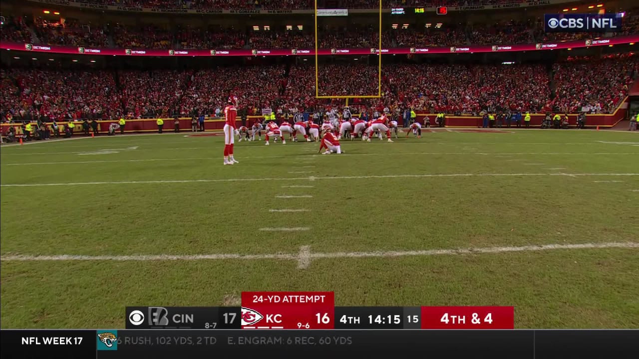 Kansas City Chiefs kicker Harrison Butker gives Chiefs a 19-17 lead with  his fourth FG