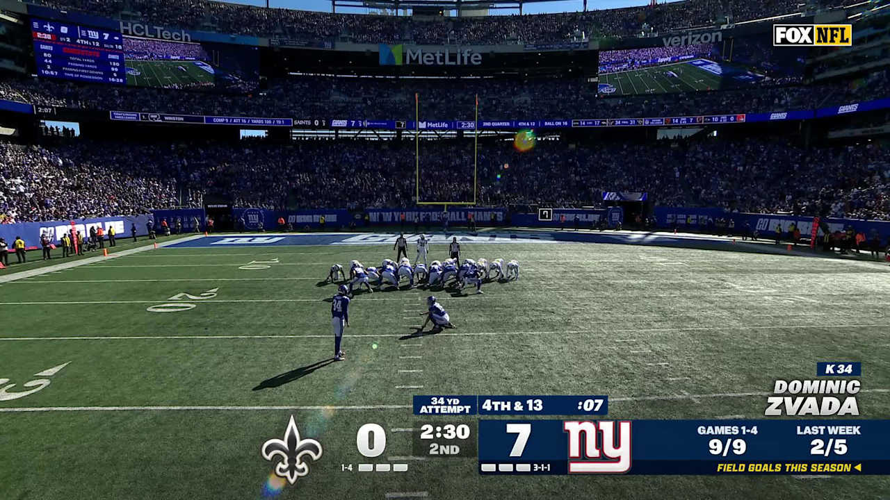 New York Giants kicker Dominic Zvada increases Giants lead with 34-yard ...