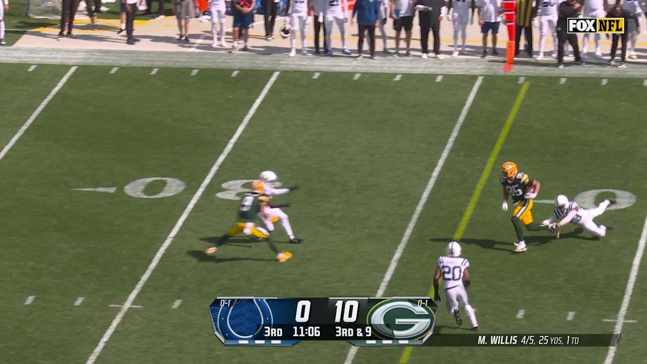 Green Bay Packers quarterback Malik Willis darts tight end Tucker Kraft