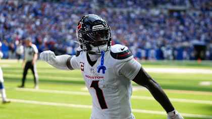 Houston Texans wide receiver Stefon Diggs (1) celebrates a touchdown during the second half of an NFL football game against the Indianapolis Colts, Sunday, Sept. 8, 2024, in Indianapolis. (AP Photo/Darron Cummings)