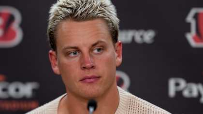 Cincinnati Bengals quarterback Joe Burrow speaks during a news conference after an NFL football game against the New England Patriots, Sunday, Sept. 8, 2024, in Cincinnati. The Patriots won 16-10. (AP Photo/Jeff Dean)