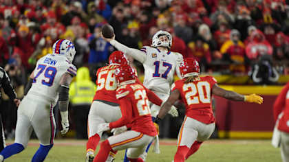 Buffalo Bills quarterback Josh Allen (17) attempts a pass during the second half of the AFC Championship NFL football game against the Kansas City Chiefs, Sunday, Jan. 26, 2025, in Kansas City, Mo. (AP Photo/Charlie Riedel)