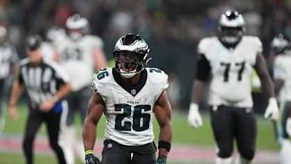 Philadelphia Eagles running back Saquon Barkley (26) reacts during the second half of an NFL football game against the Green Bay Packers, Friday, Sept. 6, 2024, at the Neo Quimica Arena in Sao Paulo. (AP Photo/Fernando Llano)