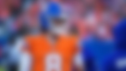 Denver Broncos quarterback Jarrett Stidham (8) in the first half of an NFL football game Sunday, Jan. 4, 2026, in Denver. (AP Photo/Eric Lutzens)