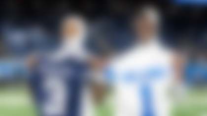 Detroit Lions wide receiver Jameson Williams (1) and Dallas Cowboys wide receiver George Pickens (3) pose for a photo after exchanging jersey's following an NFL football game, Thursday, Dec. 4, 2025, in Detroit. (Michael Owens via AP)