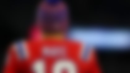 The back of New England Patriots quarterback Drake Maye's jersey during an NFL football game against the New York Giants, Monday, Dec. 1, 2025, in Foxborough, Mass. (Aaron M. Sprecher via AP)