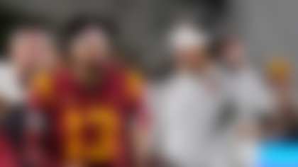 Southern California quarterback Caleb Williams, left, talks with head coach Lincoln Riley during the second half of an NCAA college football game against Arizona State Saturday, Oct. 1, 2022, in Los Angeles. (AP Photo/Mark J. Terrill)