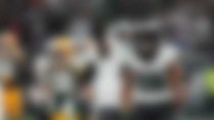 Philadelphia Eagles running back Saquon Barkley (26) reacts during the second half of an NFL football game against the Green Bay Packers, Friday, Sept. 6, 2024, at the Neo Quimica Arena in Sao Paulo. (AP Photo/Fernando Llano)