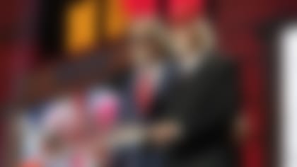 Ed Budde, right, and Brad Budde announce the No. 55 pick for the Kansas City Chiefs at the 2023 NFL Draft. Ed Budde was a seven-time Pro Bowler who passed away at the age of 83.