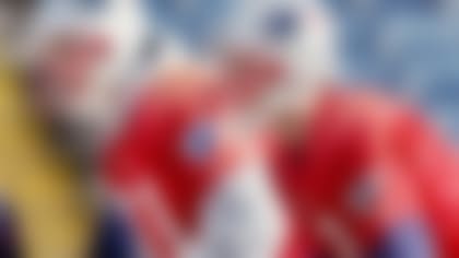 FILE - In this Jan. 23, 2002, file photo, New England Patriots starting quarterback Tom Brady, right, and former starter Drew Bledsoe, line up during team practice at Foxboro Stadium in Foxboro, Mass. In the second game of the 2001 season, Tom Brady replaced Drew Bledsoe when Bledsoe sustained a chest injury. Coach Bill Belichick waiting until the week of the Super Bowl before announcing his starter for the Super Bowl that year.   (AP Photo/Michael Dwyer, File)