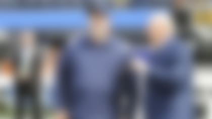 Dallas Cowboys head coach Mike McCarthy (left) talks with owner Jerry Jones prior to an NFL football game against the Los Angeles Chargers, Sunday, Sept. 19, 2021 in Inglewood, Calif. The Cowboys won 20-17. (Ben Liebenberg via AP)
