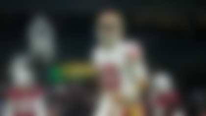 San Francisco 49ers quarterback Jimmy Garoppolo reacts after tight end George Kittle scored a touchdown during the second half of an NFL football game against the Arizona Cardinals, Monday, Nov. 21, 2022, in Mexico City. (AP Photo/Marcio Jose Sanchez)