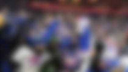 Buffalo Bills running back James Cook (4) celebrates a touchdown during the first half of an NFL football game against the New York Jets in Orchard Park, N.Y., Sunday, Nov. 19, 2023. (AP Photo/Adrian Kraus)