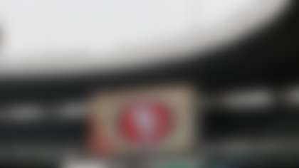 A general view of the San Francisco 49ers logo on the display board at Estadio Azteca on Sunday, November 20, 2022 in Mexico City. The San Francisco 49ers will face the Arizona Cardinals on Monday, November 21, 2022. (Ben Liebenberg via AP)