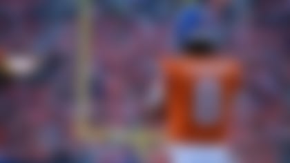 Denver Broncos quarterback Jarrett Stidham (8) looks on in the first half of an NFL football game Sunday, Jan. 4, 2026, in Denver. (AP Photo/Eric Lutzens)